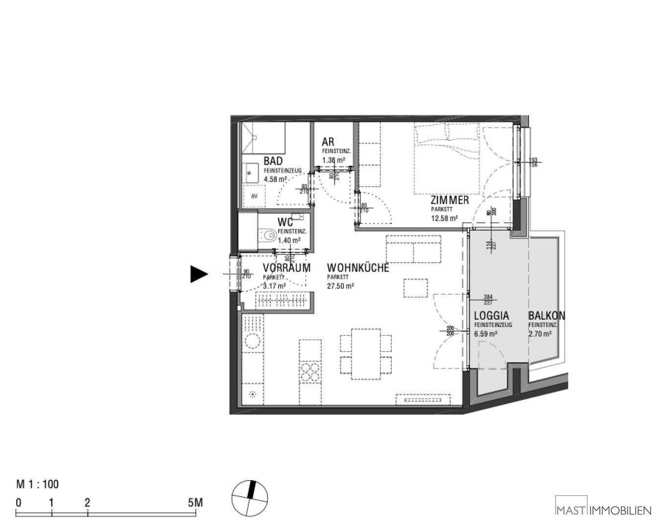 Detaillierter Grundriss einer modernen Wohnung mit offener Wohnküche, Schlafzimmer und Balkon.