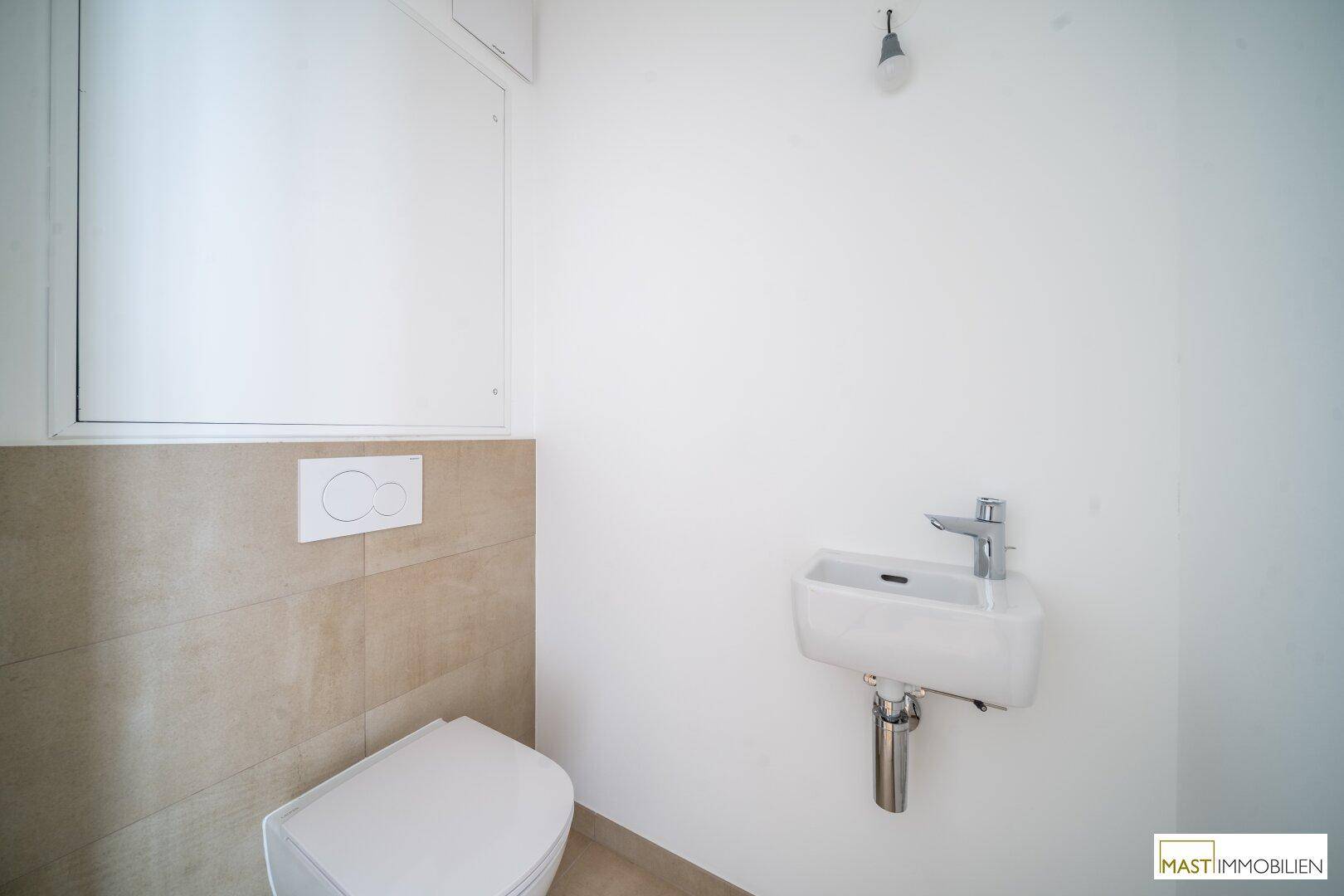 Separates Gäste-WC mit wandhängender Toilette und kleinem Waschbecken in modernem Stil.