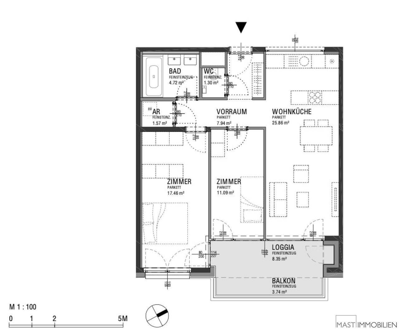 Grundriss einer Wohnung mit drei Zimmern, offener Wohnküche, Bad, WC, Loggia und Balkon.