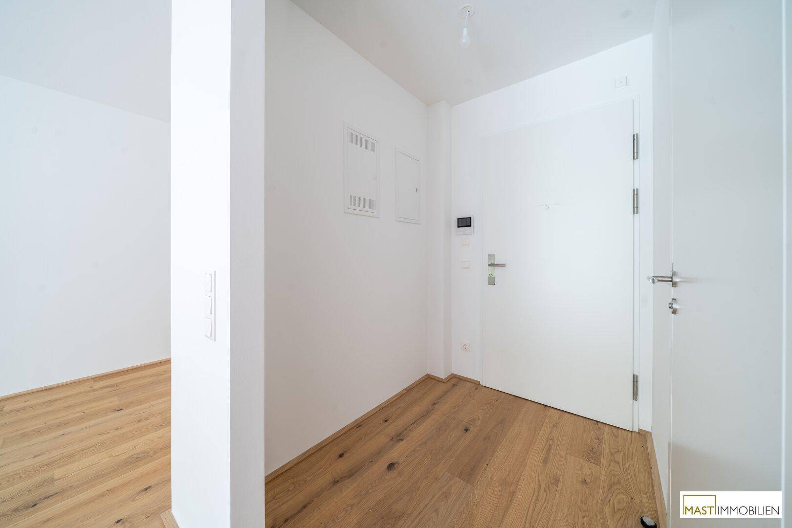 Eingangsbereich mit hellem Parkettboden und moderner weißer Wohnungstür.