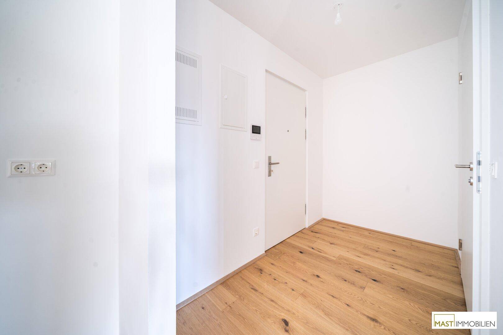 Heller Eingangsbereich mit Holzboden und weiß gestrichenen Wänden, inklusive Sicherungskasten.