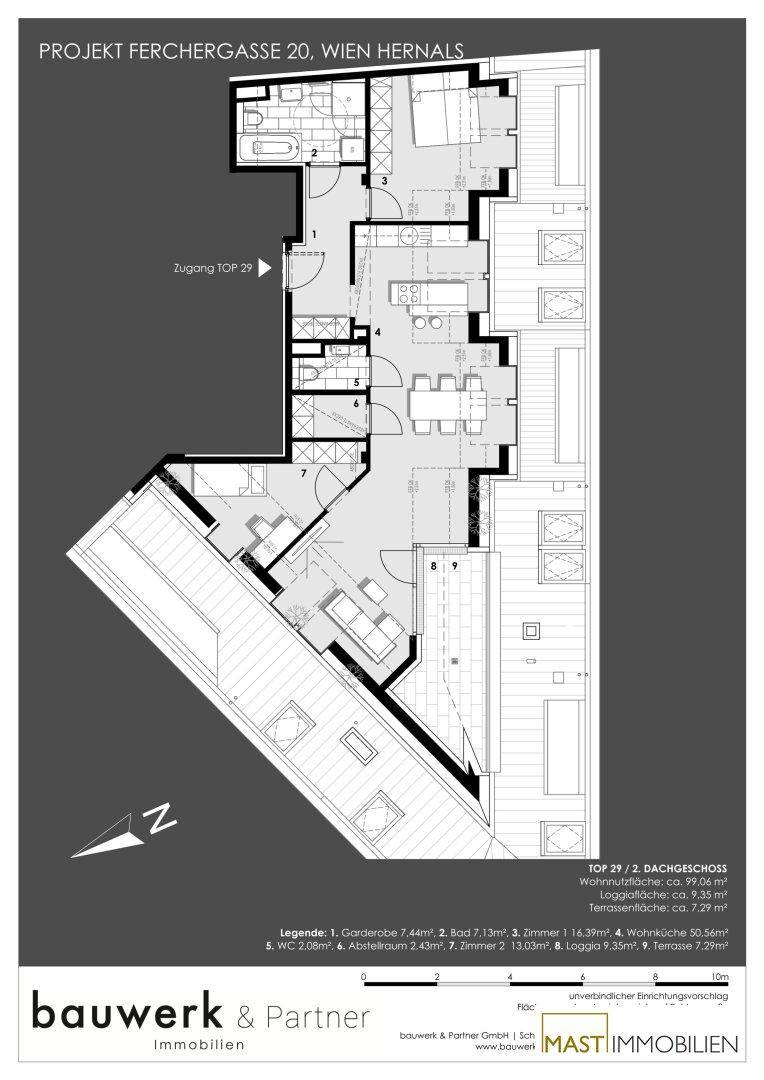 Grundriss einer Dachgeschosswohnung mit Loggia, Terrasse und mehreren Zimmern für komfortables Wohnen.