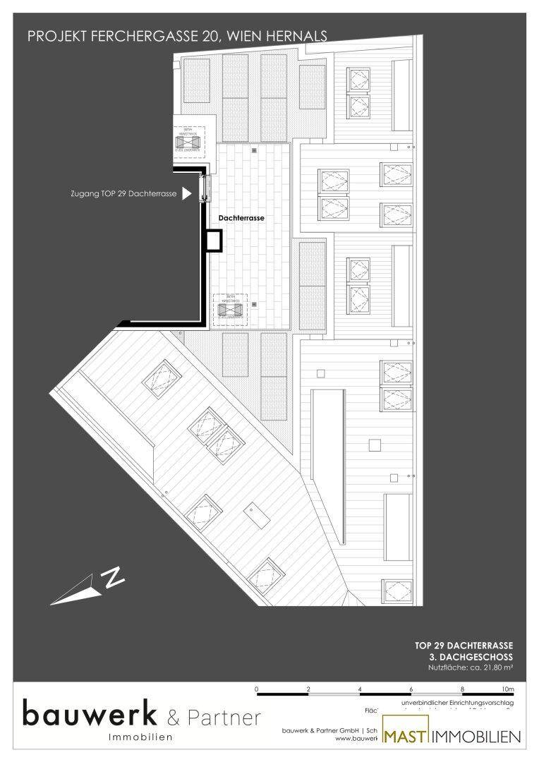 Grundriss der Dachterrasse für die Wohneinheit TOP 29 mit direktem Zugang und großzügiger Fläche.