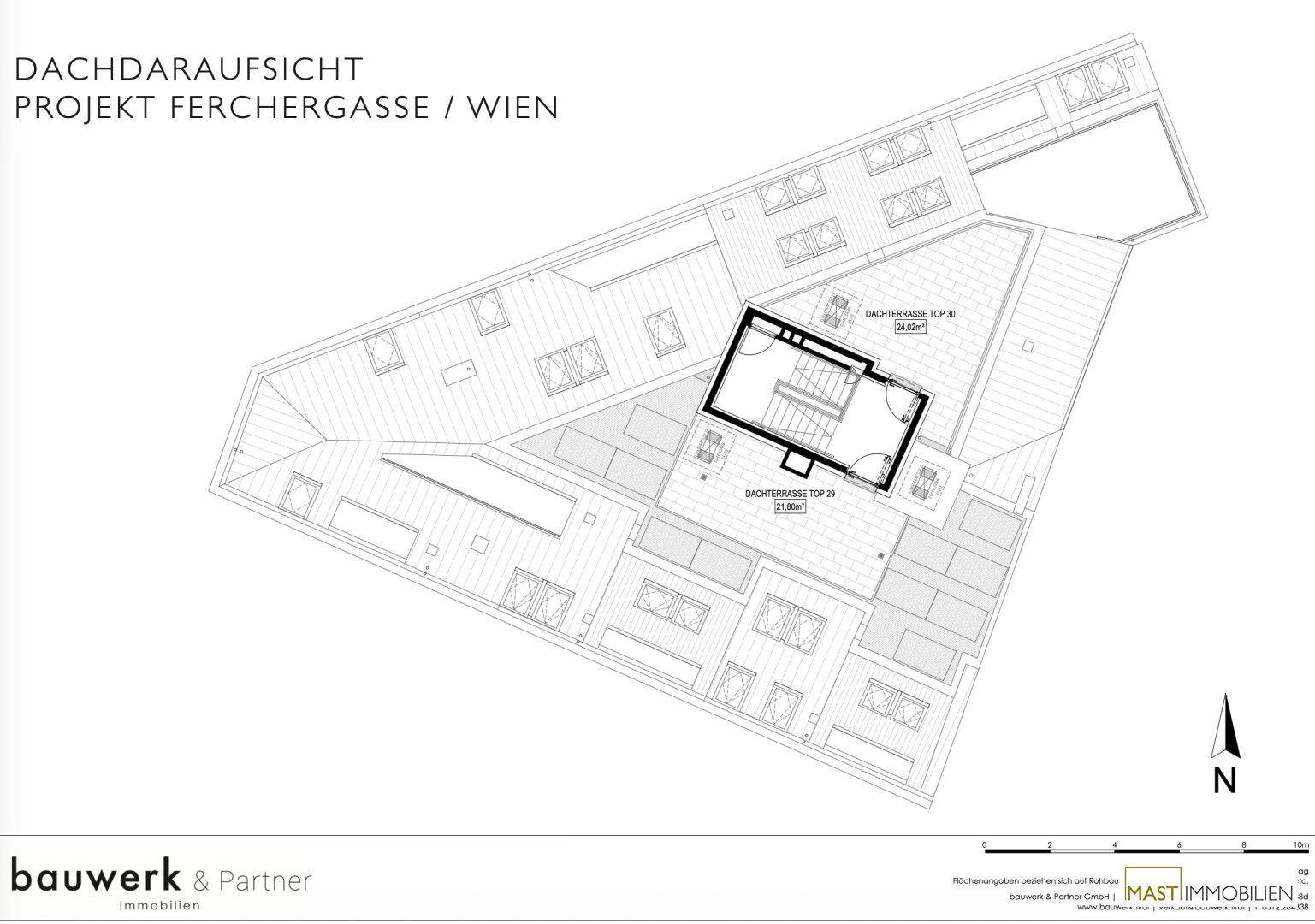 Dachaufsicht des Gebäudes mit eingezeichneten Dachterrassen und Dachfenstern für optimale Belichtung.