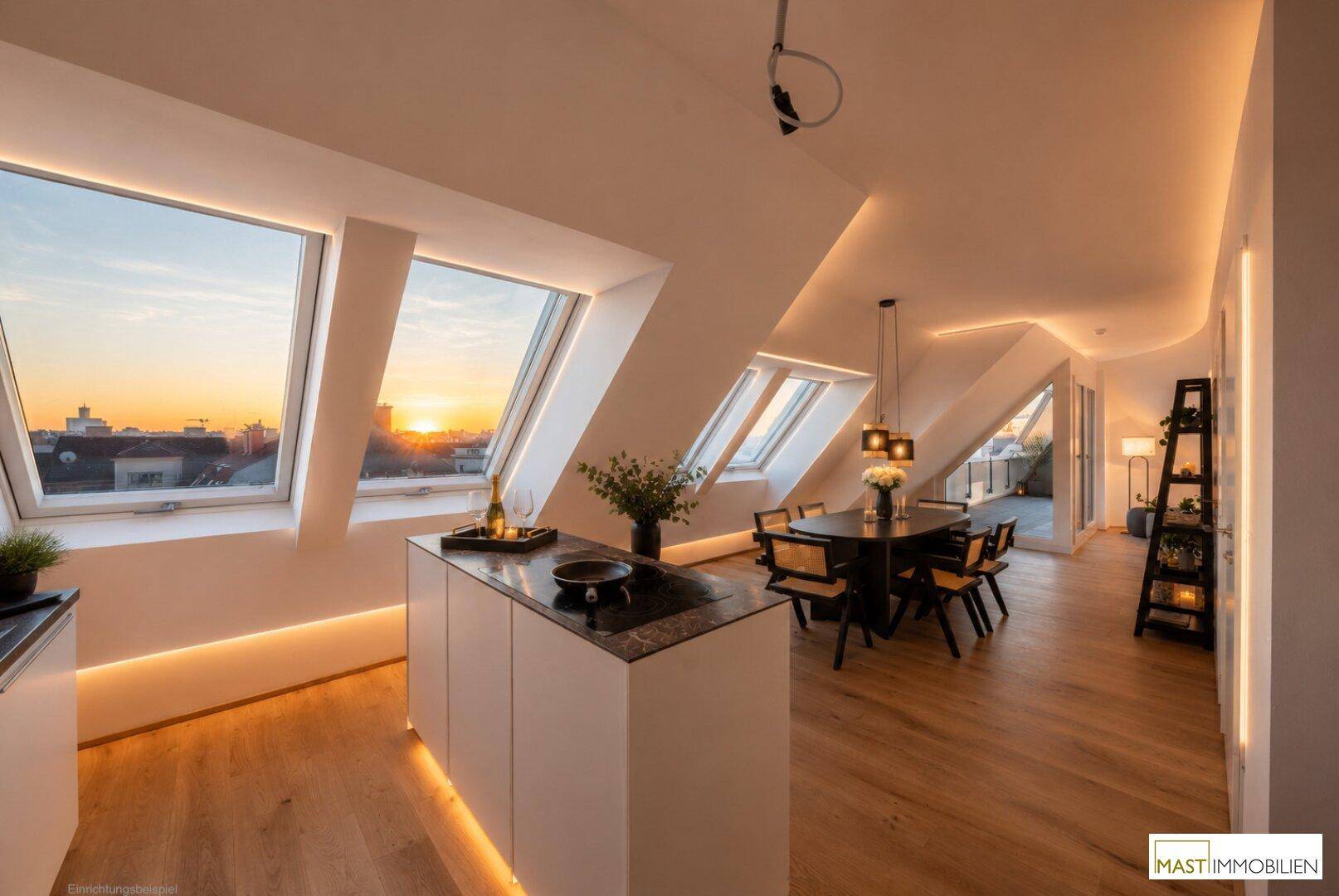 Offene Küche mit Kochinsel, modernen Geräten und Essbereich unter Dachfenstern mit Stadtblick.