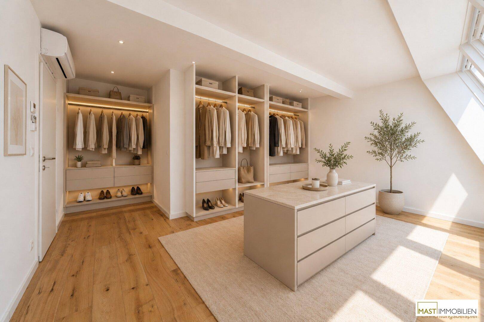 Luxuriöser begehbarer Kleiderschrank mit maßgefertigten Einbauschränken und viel Stauraum unter Dachschräge.