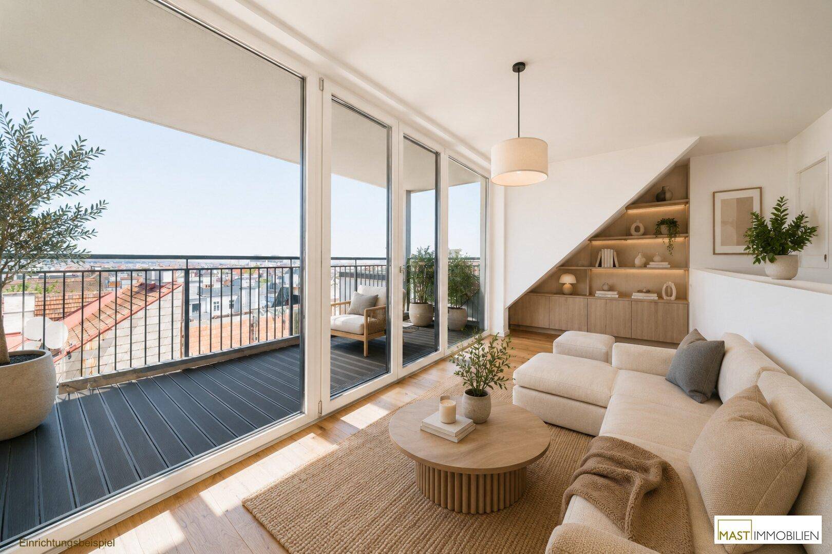 Modernes Wohnzimmer mit großen Glasfronten, Balkonzugang und Stadtblick, lichtdurchflutet und geräumig.