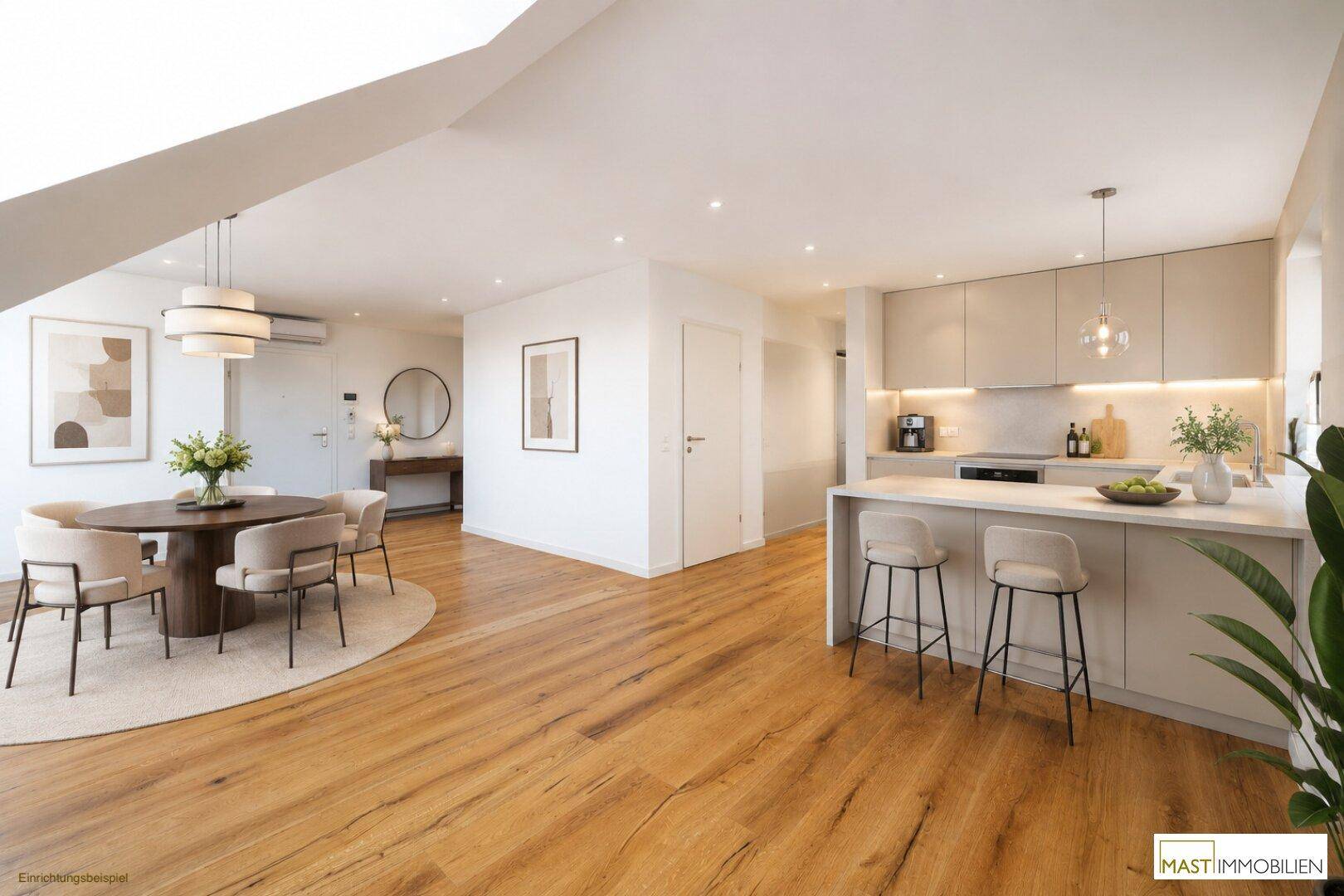 Moderne offene Küche mit Kücheninsel und Essbereich, ideal für geselliges Beisammensein und Kochen.