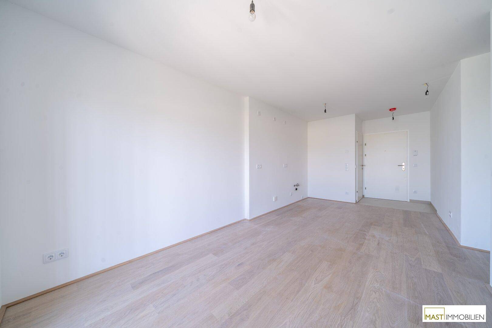 Unmöblierter Wohnraum mit hellem Holzboden und weiß gestrichenen Wänden.