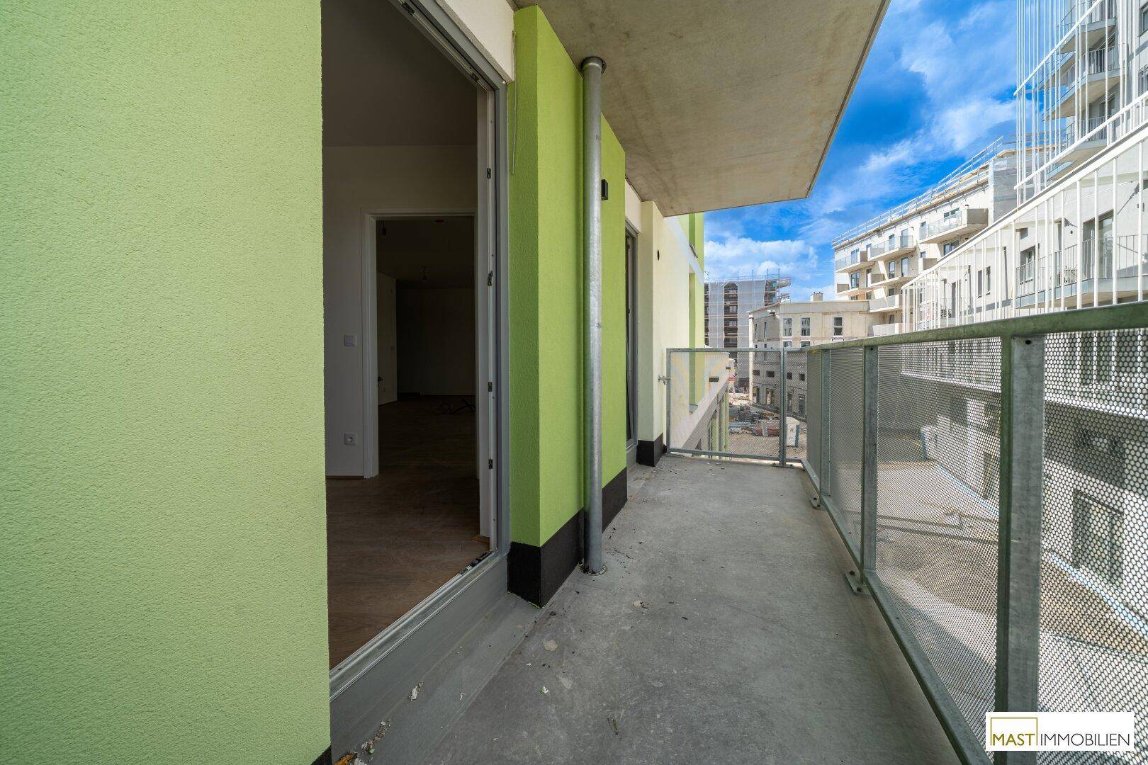 Balkon mit grüner Fassade und Blick auf die umliegenden Gebäude und den Himmel.