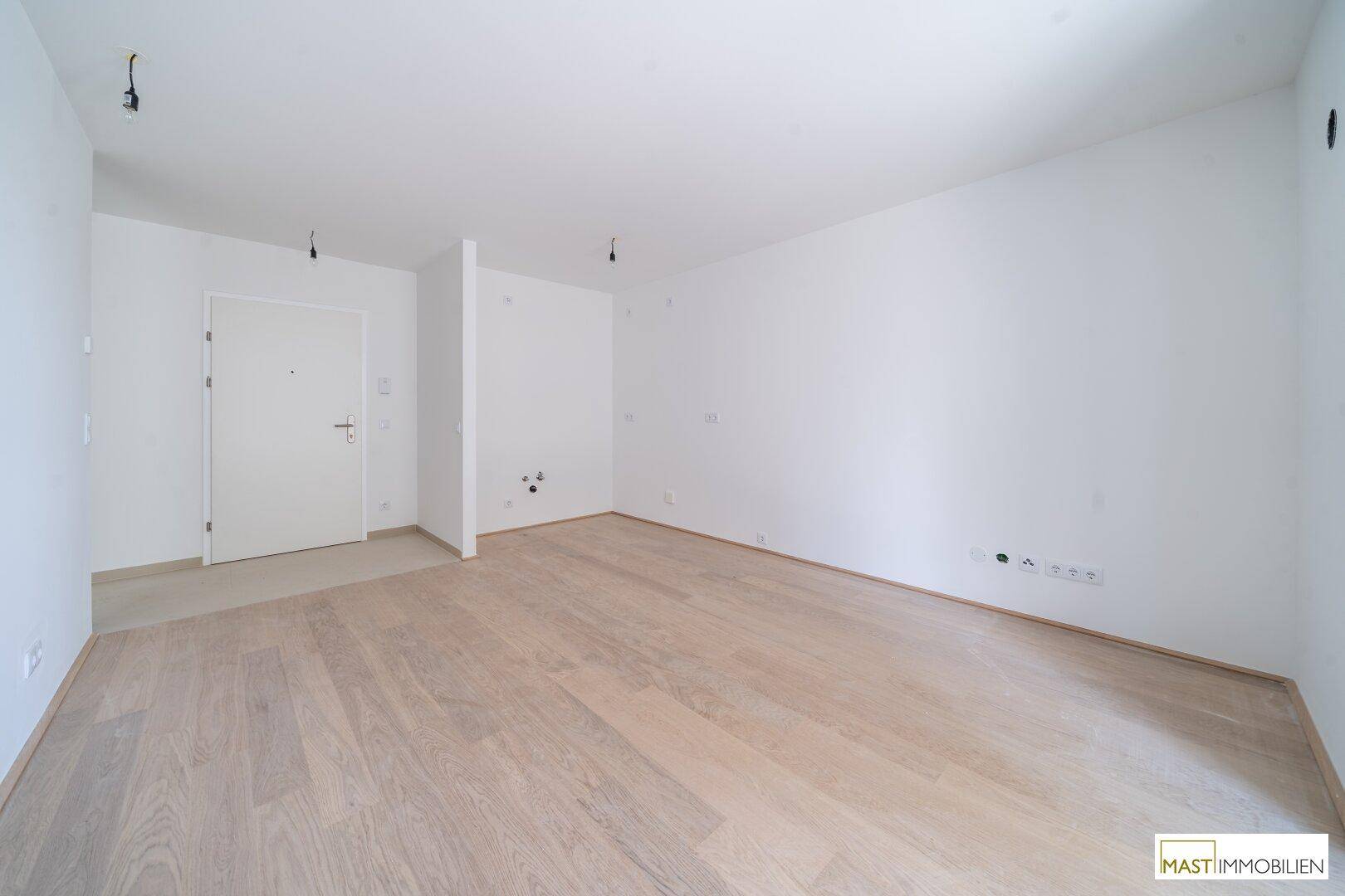 Geräumiger Eingangsbereich mit heller Holzboden und weiß gestrichenen Wänden.