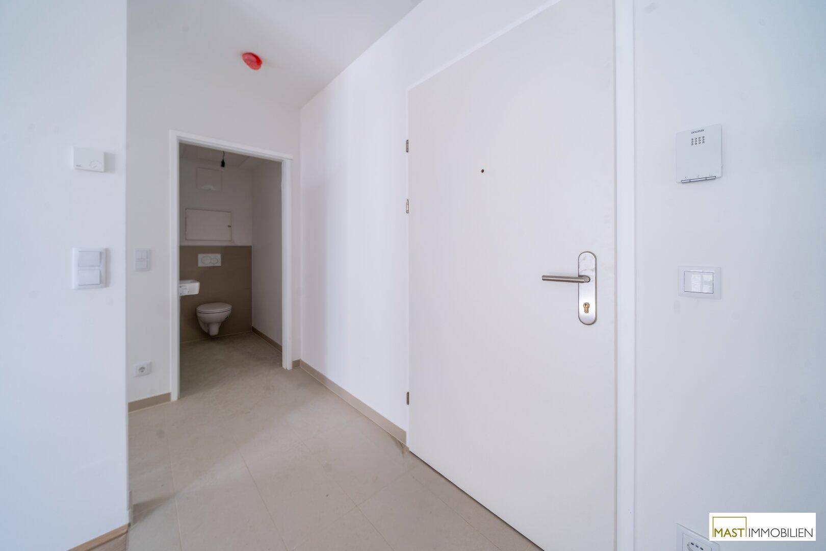 Heller Flur mit Eingangstür und Blick in ein kleines Badezimmer oder Gäste-WC.