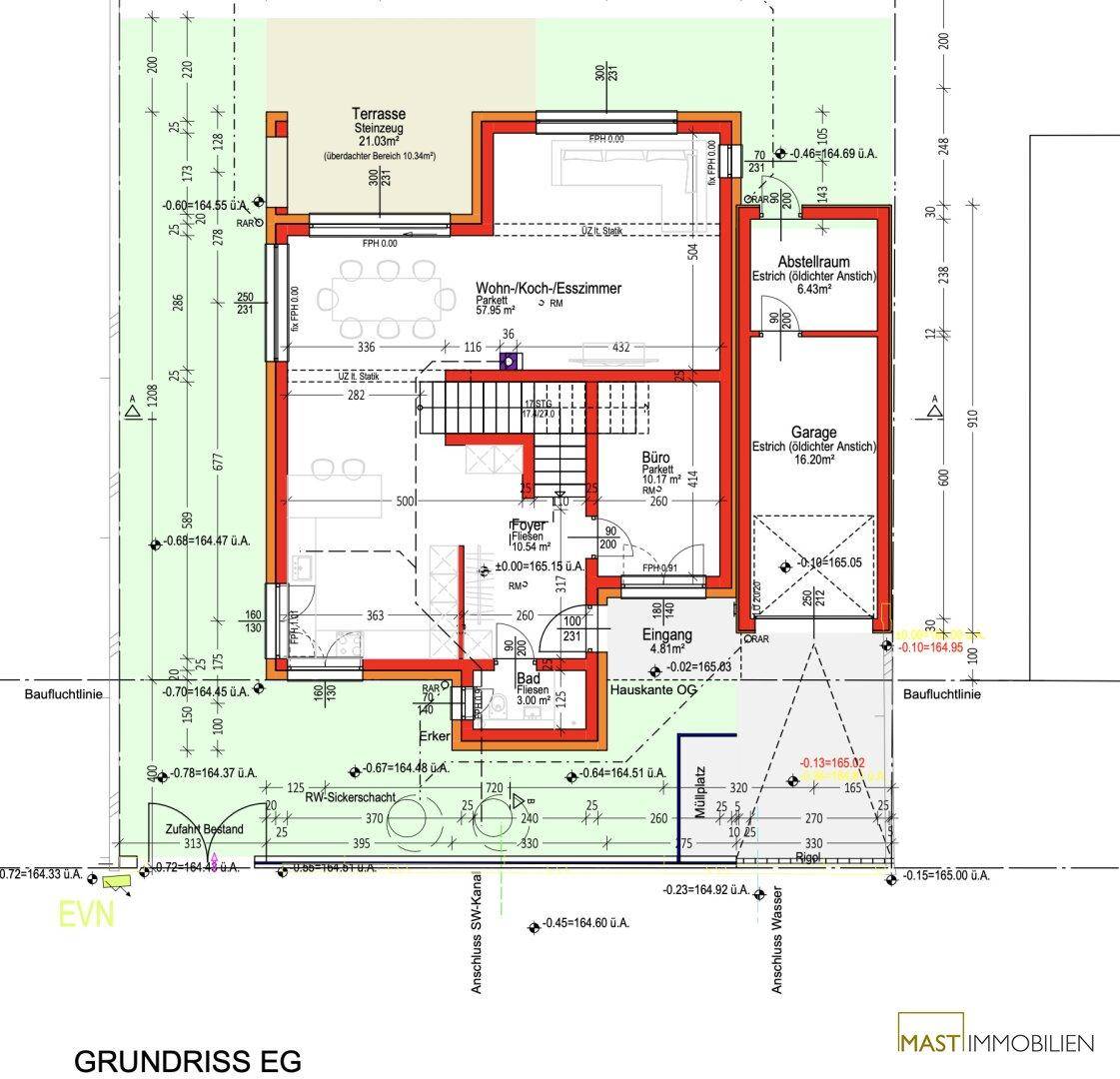 Grundriss des Erdgeschosses mit offenem Wohn-Essbereich, Küche, Büro, Garage und einer großen Terrasse.