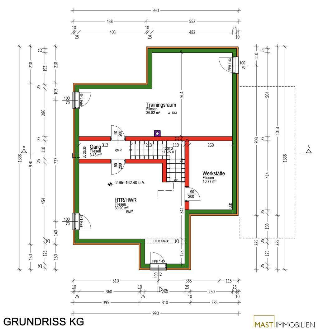 Grundriss des Kellergeschosses mit Trainingsraum, Hauswirtschaftsraum und Werkstatt.