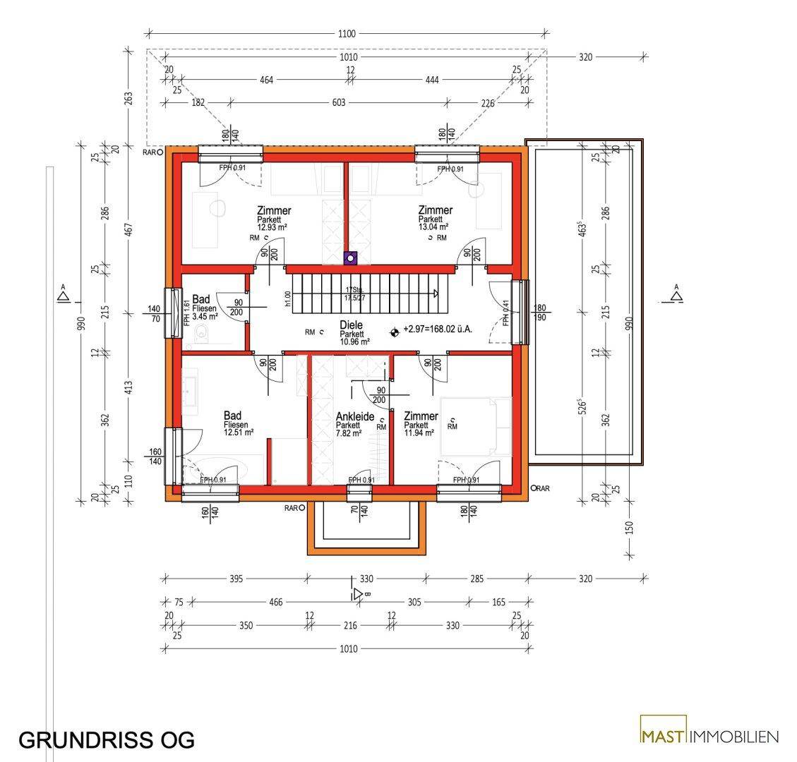 Grundriss des Obergeschosses mit drei Schlafzimmern, zwei Bädern und einem Ankleidezimmer.