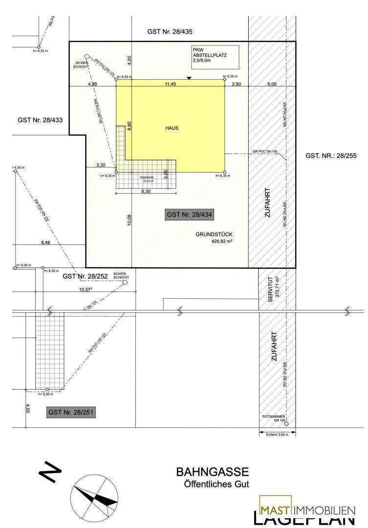 Lageplan des Grundstücks mit eingezeichnetem Haus, Stellplatz und Zufahrt.