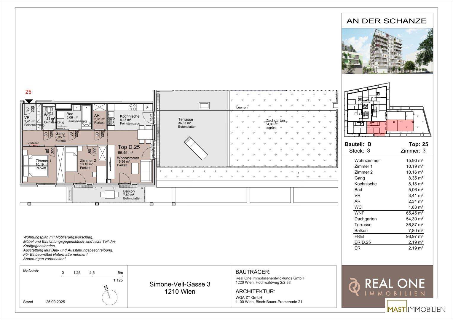 Detaillierter Grundriss einer Wohnung mit Dachgarten, Terrasse und Balkon.