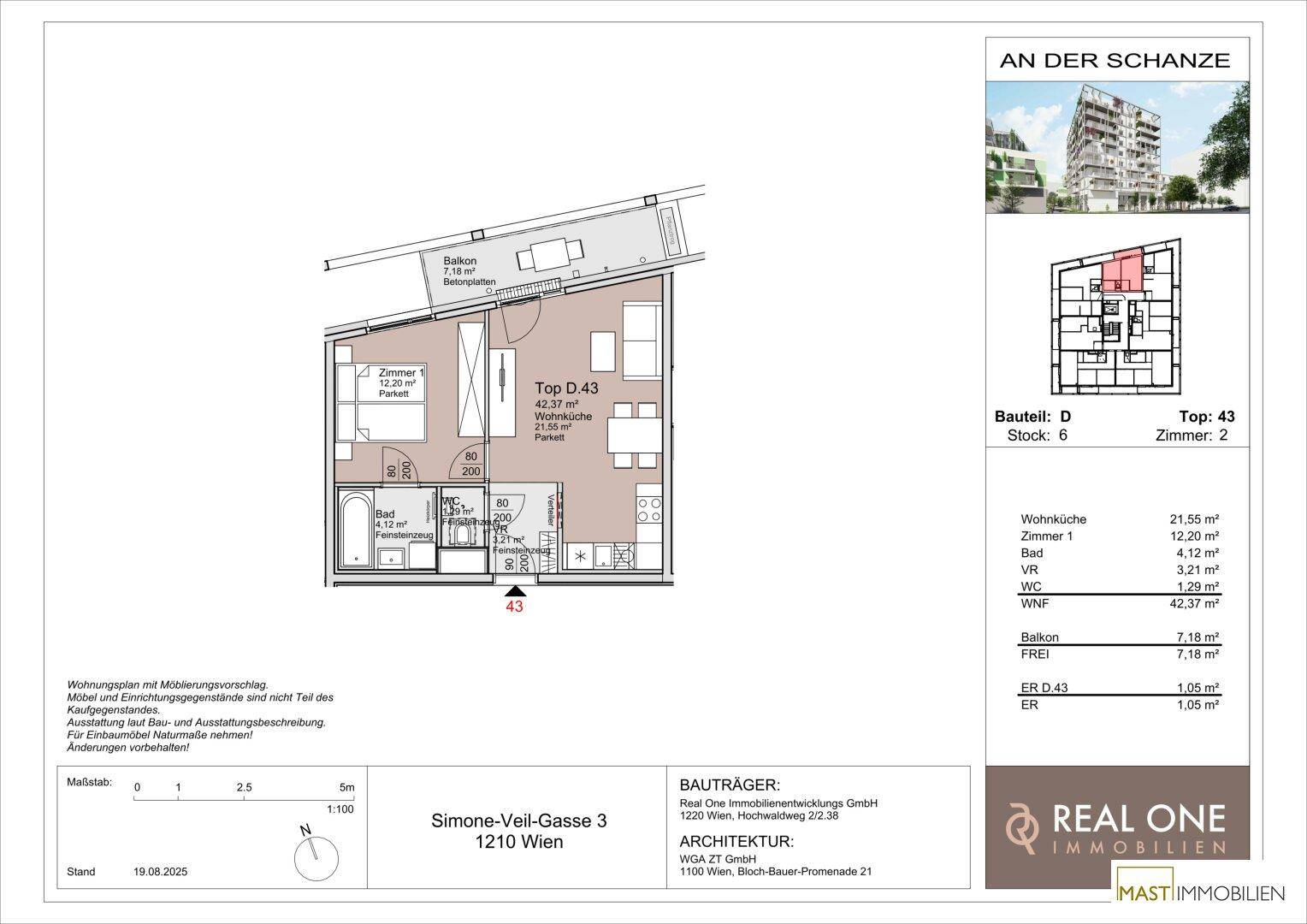 Detaillierter Grundriss einer Wohnung mit zwei Zimmern, Balkon und offener Wohnküche.