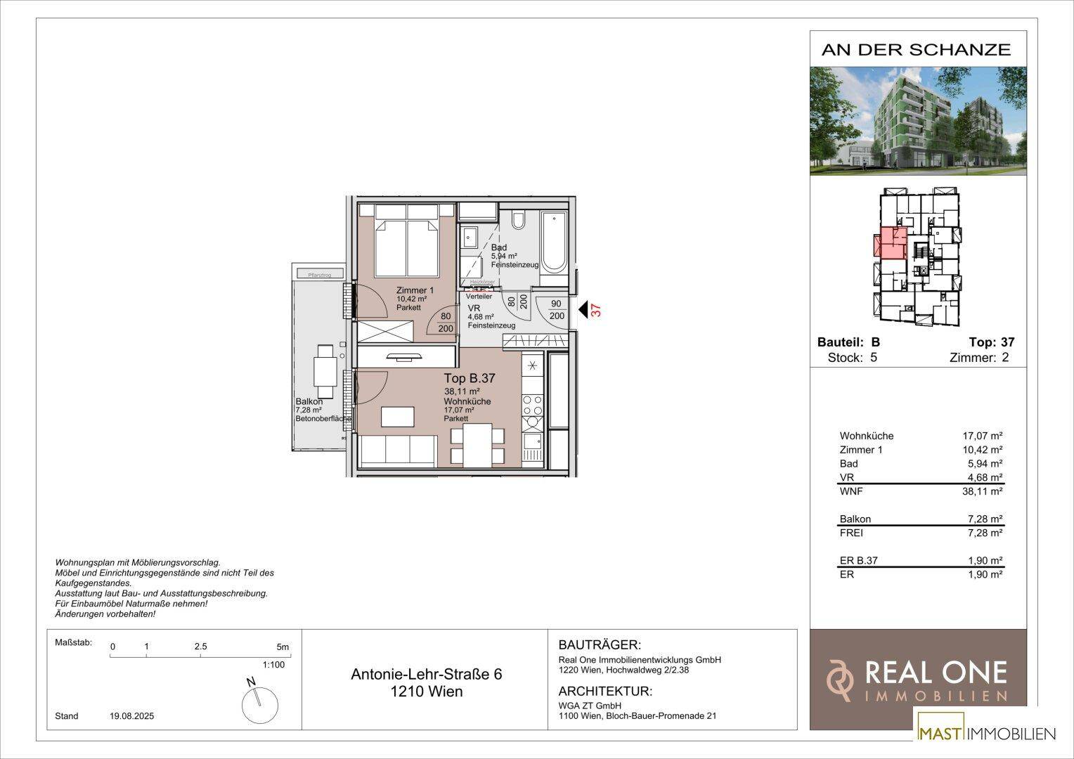 Detaillierter Grundriss einer Wohnung mit offenem Wohnbereich, einem Schlafzimmer und Balkon.