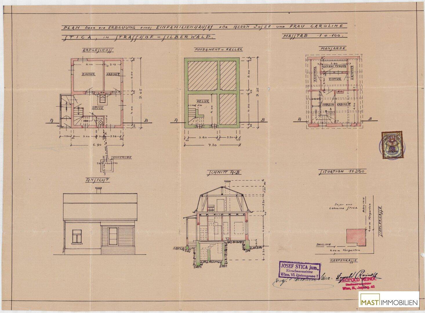 Historischer Bauplan des Einfamilienhauses mit Grundrissen und Ansichten.