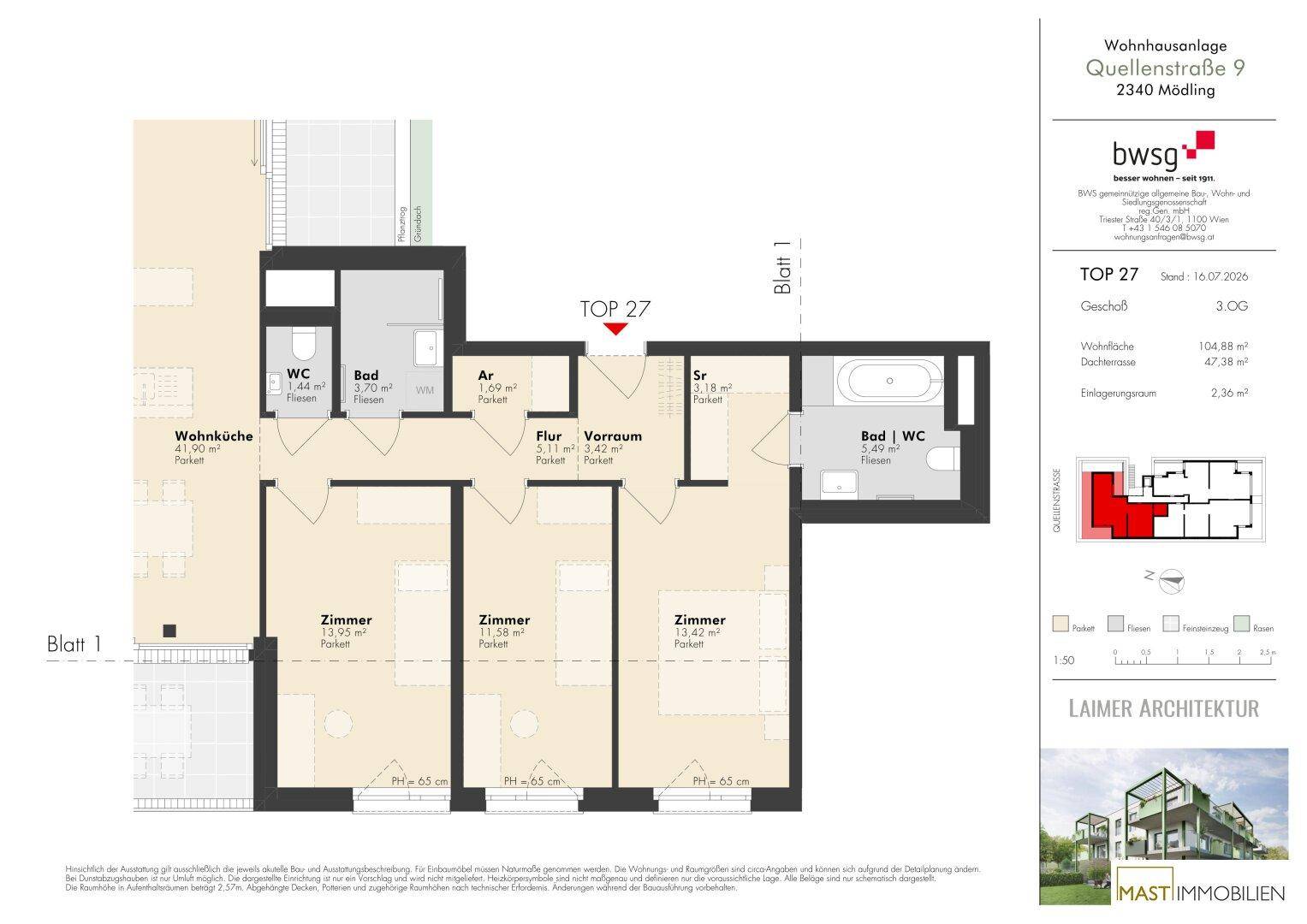 Übersichtlicher Grundriss der Wohnung TOP 27 mit Wohnküche, drei Zimmern und Dachterrasse.