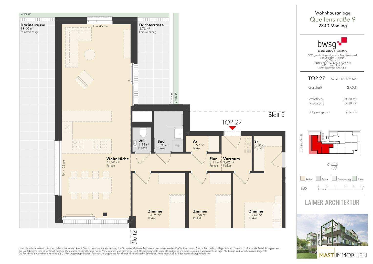 Detaillierter Grundriss der Wohnung TOP 27 mit Wohnküche, drei Zimmern und Dachterrasse.