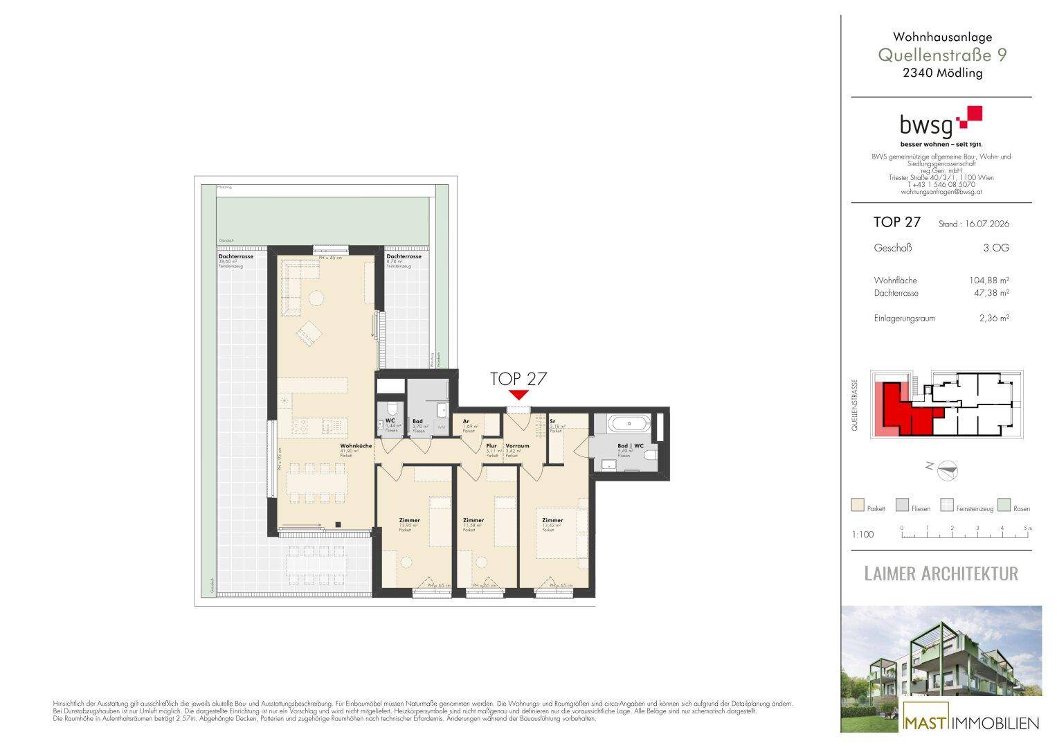 Grundriss der Wohnung TOP 27 mit Wohnküche, drei Zimmern und großer Dachterrasse.