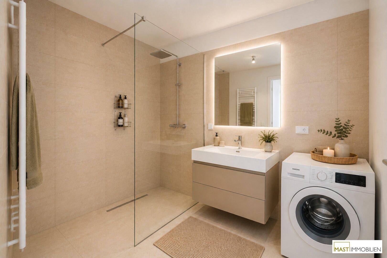 Modernes Badezimmer mit ebenerdiger Dusche, Waschbecken und integrierter Waschmaschine.