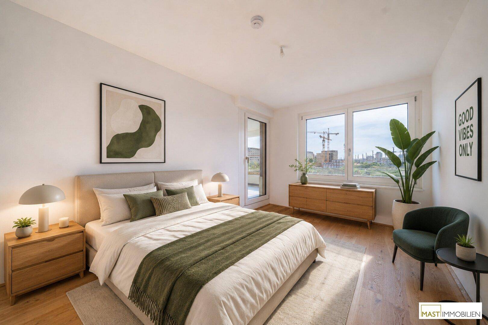 Modernes Schlafzimmer mit Doppelbett, Holzboden und großem Fenster mit Ausblick.