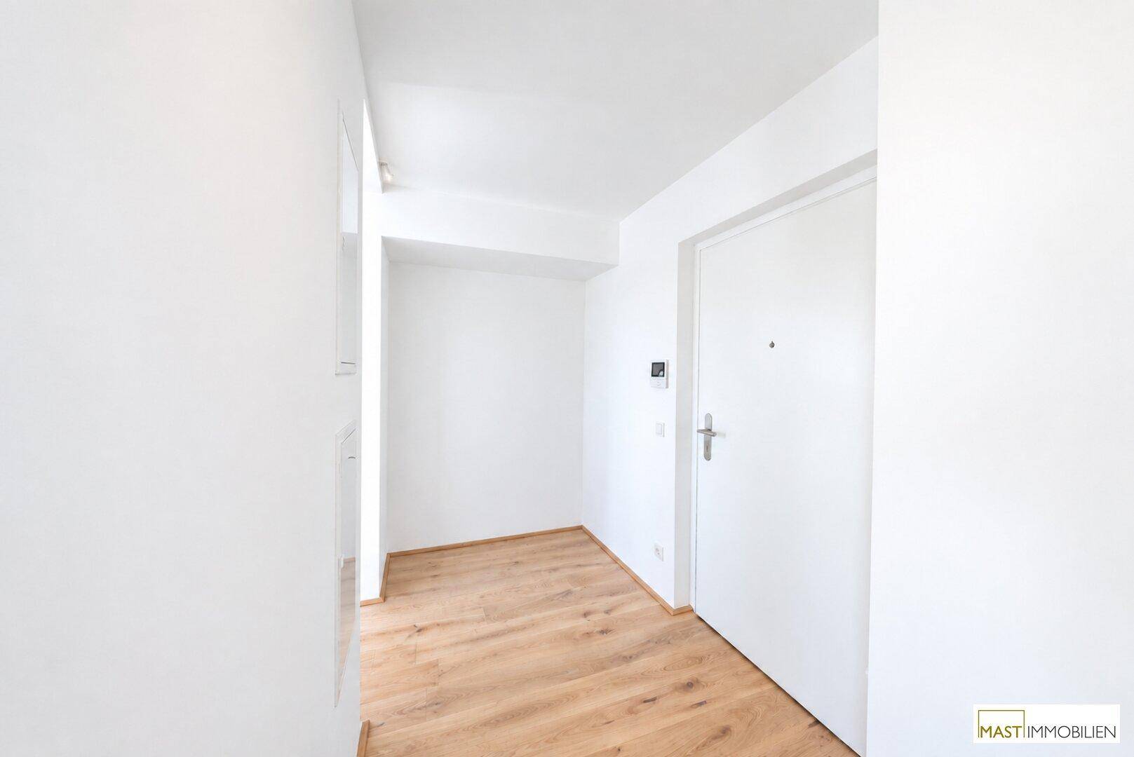 Eingangsbereich mit Holzboden und weiß gestrichenen Wänden, führt zu den weiteren Räumen.