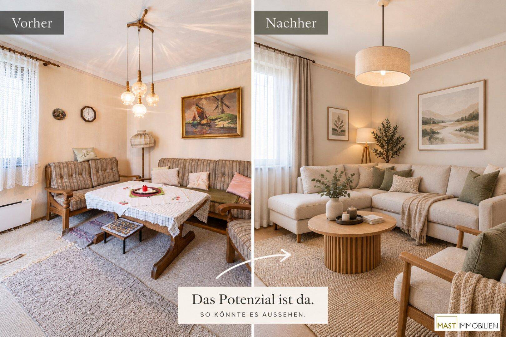 Vorher-Nachher-Vergleich eines Wohnzimmers, das sein Potenzial für modernes Wohnen zeigt.