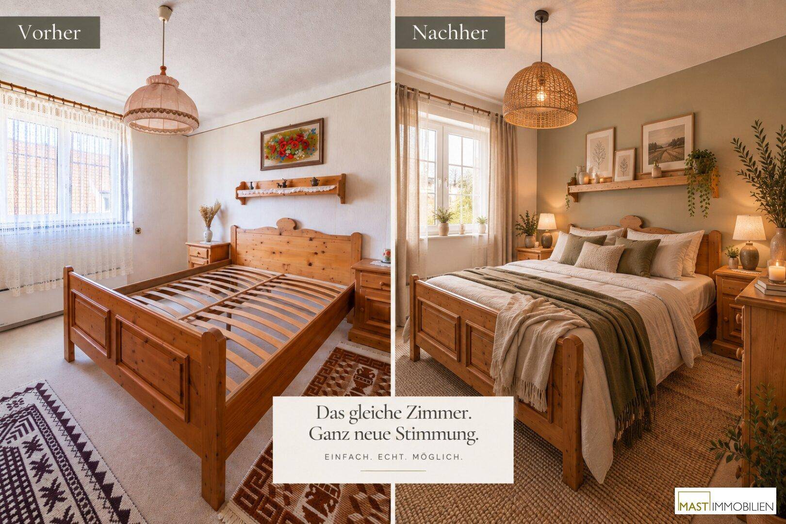 Schlafzimmer im Vorher-Nachher-Vergleich, das eine neue, gemütliche Atmosphäre zeigt.
