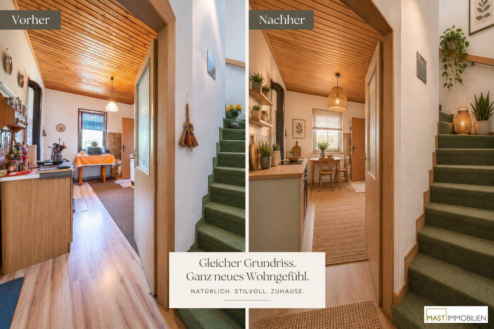 Flur und Treppenhaus im Vorher-Nachher-Vergleich, der eine stilvolle Modernisierung zeigt.