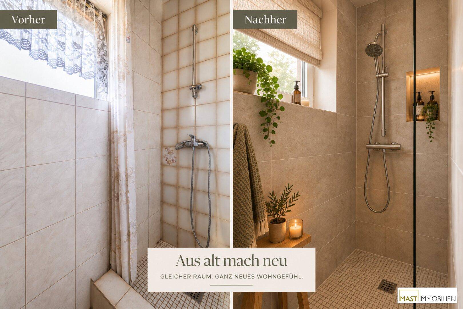Duschbereich im Badezimmer, der eine moderne Renovierung mit neuen Fliesen zeigt.