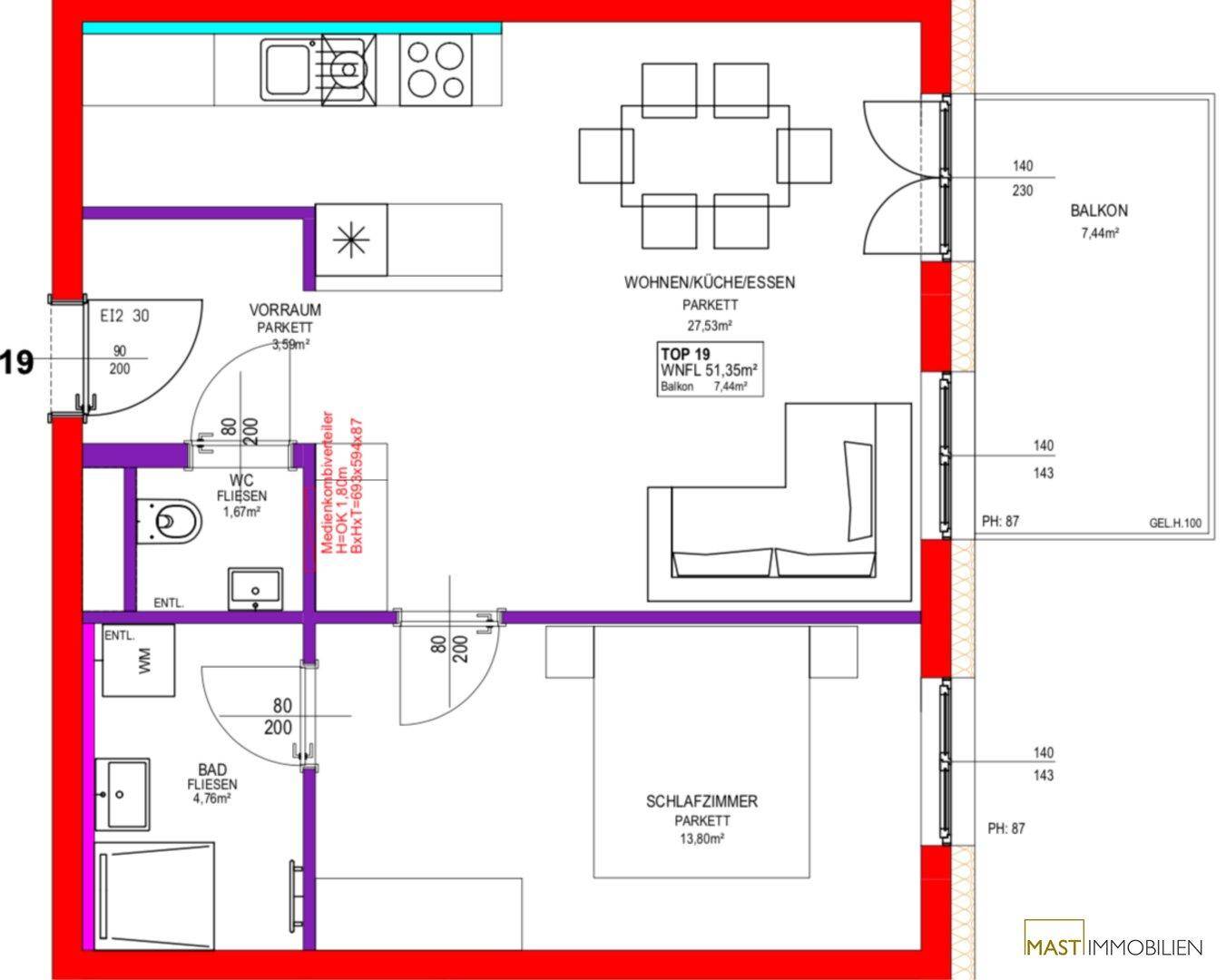 Grundriss einer Wohnung mit offenem Wohn-/Essbereich, Schlafzimmer, Bad und separatem WC, ausgestattet mit Parkett und Fliesen, sowie einem Balkon.