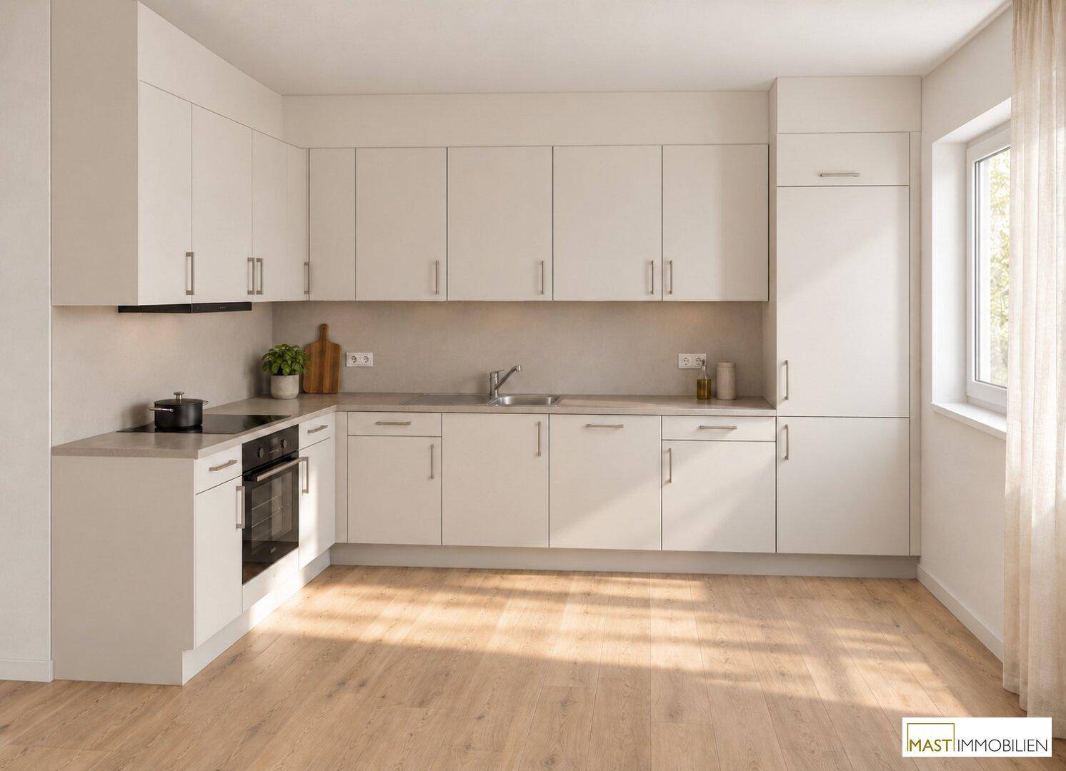 Moderne Einbauküche mit weißen Schränken, hellen Arbeitsplatten und integrierten Elektrogeräten.
