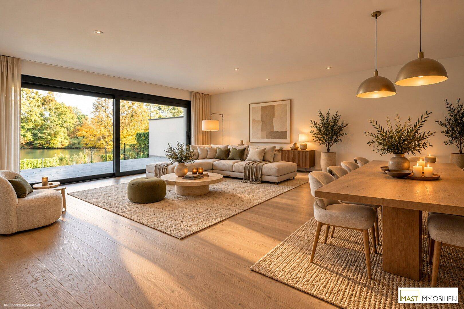 Heller Wohn- und Essbereich mit Seeblick, großen Fenstern und modernem Interieur.