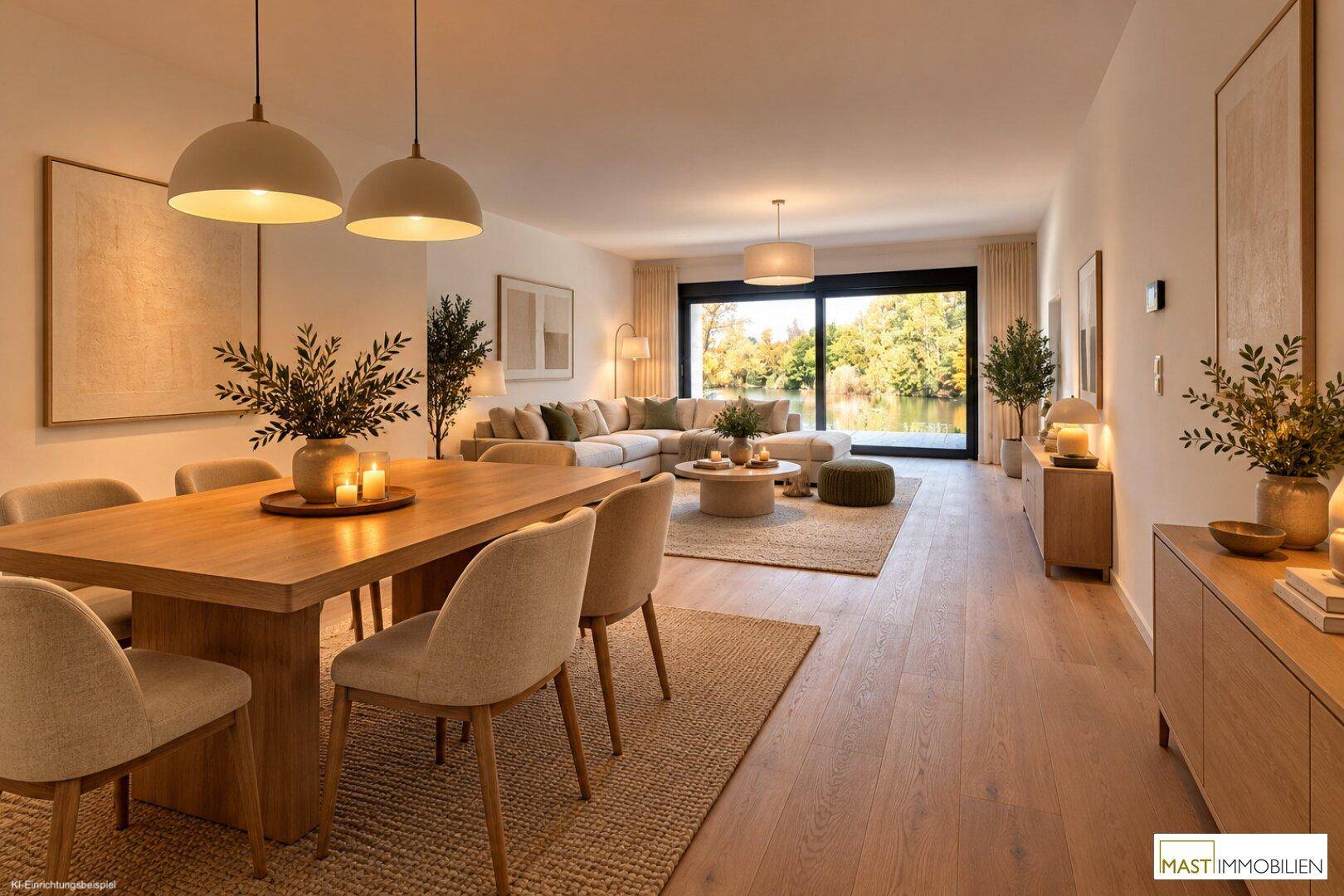 Gemütlicher Wohn- und Essbereich mit Holzboden, bequemer Couch und stilvoller Beleuchtung.