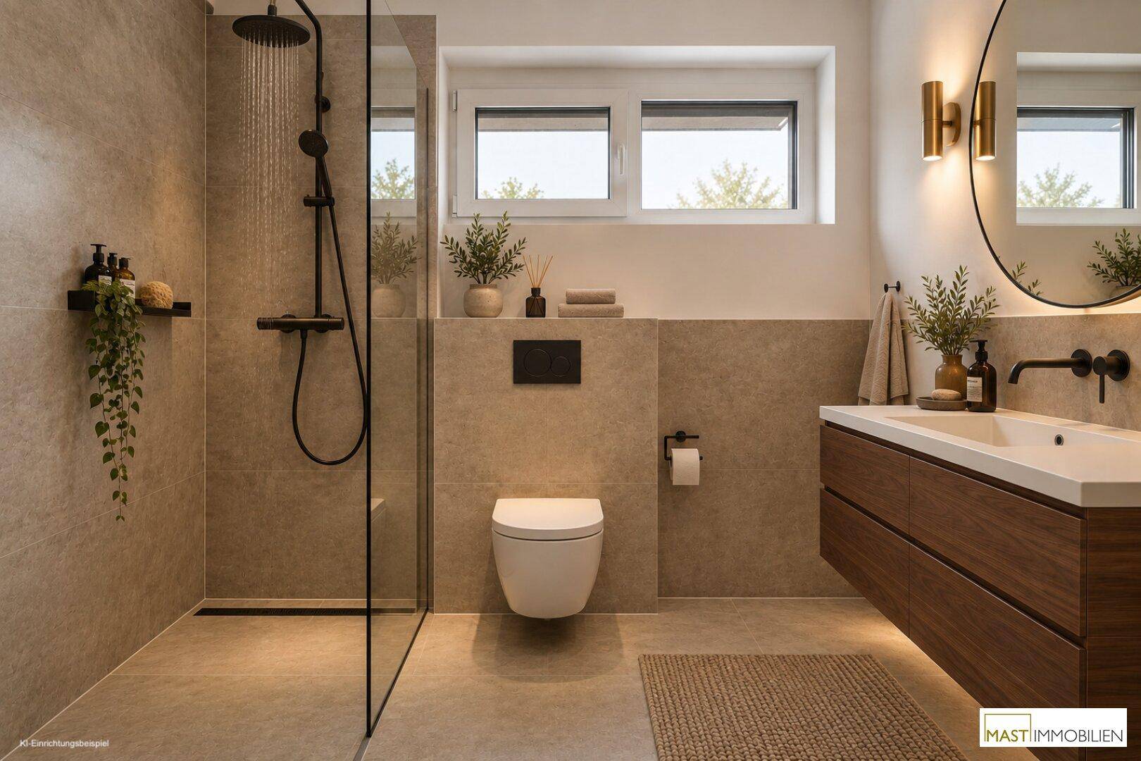 Modernes Badezimmer mit begehbarer Dusche, Wand-WC und stilvollem Waschtischunterschrank.