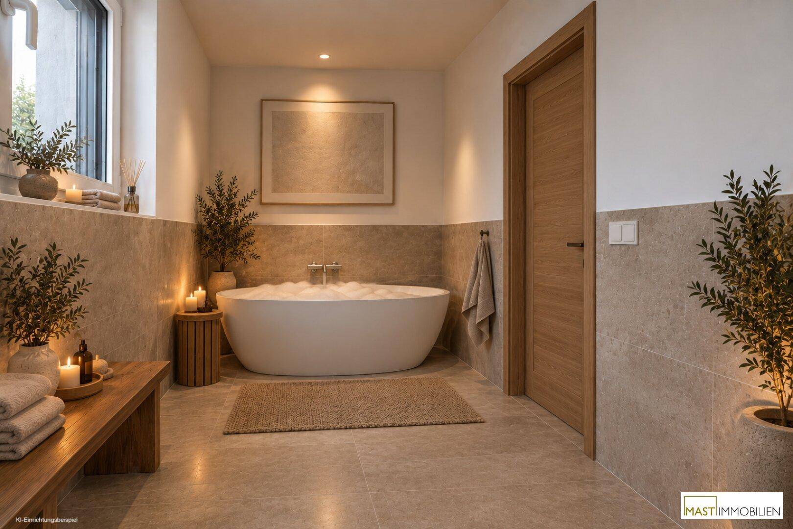 Elegantes Badezimmer mit freistehender Badewanne, Fenster und stimmungsvoller Beleuchtung.