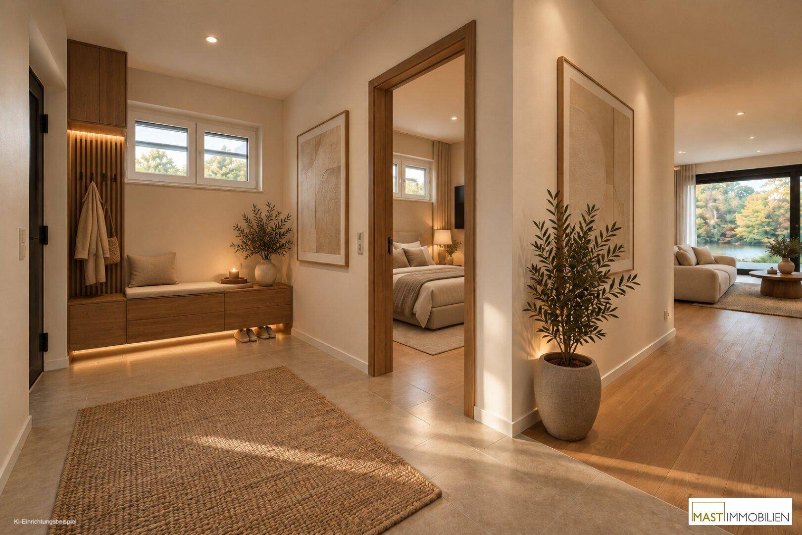 Geräumiger Flur mit Garderobe, Blick ins Schlafzimmer und zum Wohnbereich mit Seeblick.