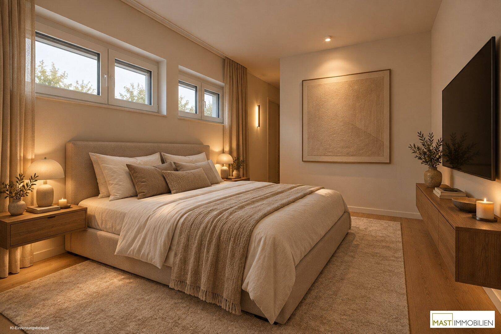 Gemütliches Schlafzimmer mit großem Bett, Holzboden und Fenstern für viel Tageslicht.