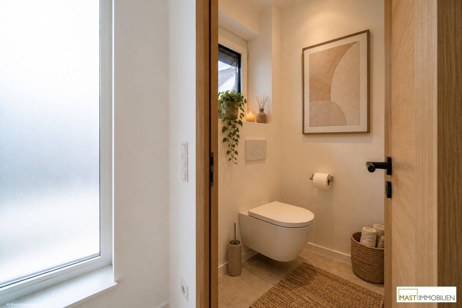 Separates Gäste-WC mit Wand-WC, kleinem Fenster und moderner Einrichtung.