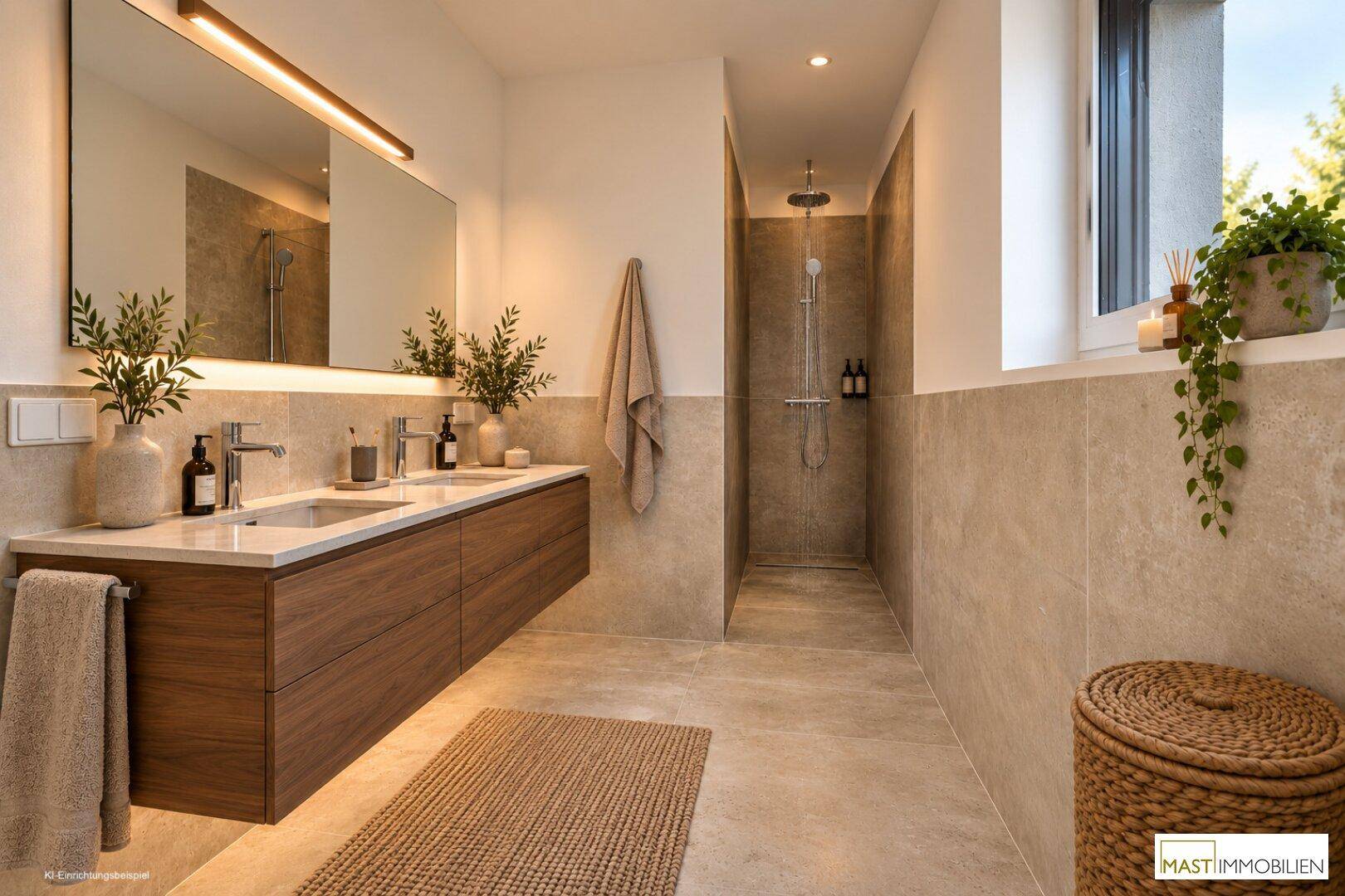 Großes modernes Badezimmer mit Doppelwaschbecken, begehbarer Dusche und beleuchtetem Spiegel.