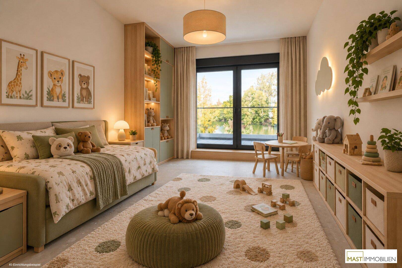 Freundliches Kinderzimmer mit Blick auf den See, Spielzeug und kindgerechter Einrichtung.