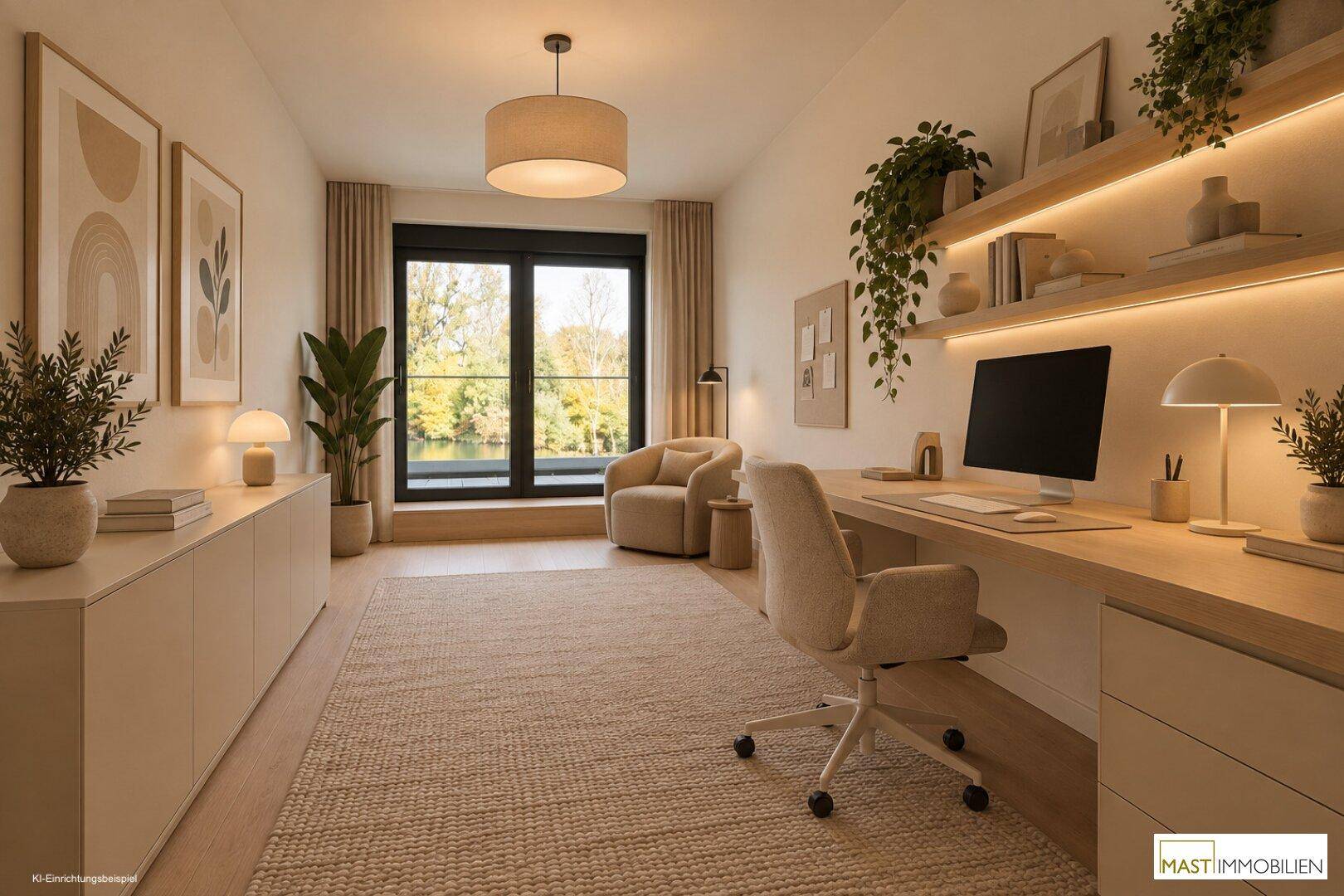 Helles Arbeitszimmer mit Schreibtisch, Regalen und Blick auf die Natur.