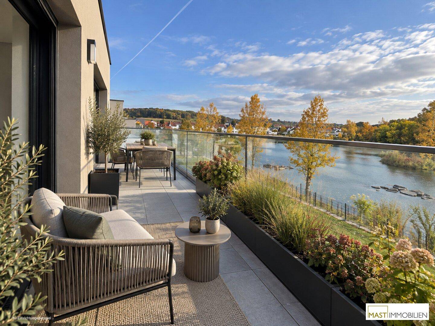 Geräumiger Balkon mit Glasbrüstung, Sitzgelegenheiten und Panoramablick auf den See.