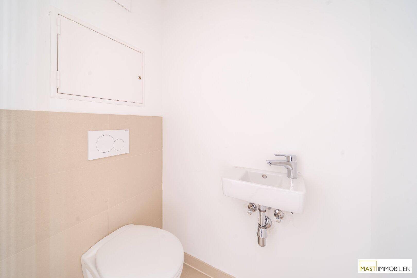 Separates Gäste-WC mit wandhängender Toilette und kleinem Handwaschbecken.