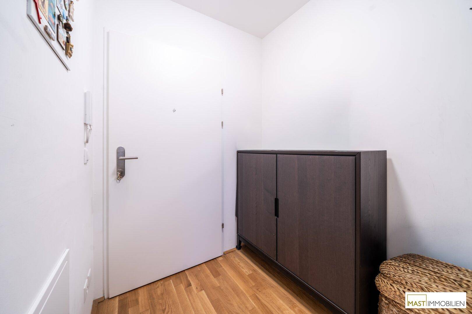 Eingangsbereich mit Holzboden und modernem Schuhschrank.