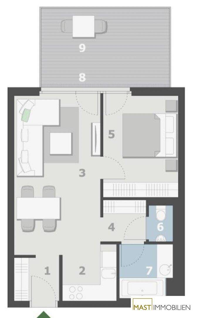 Grundriss der Wohnung mit offenem Wohnbereich, Schlafzimmer und großer Terrasse.